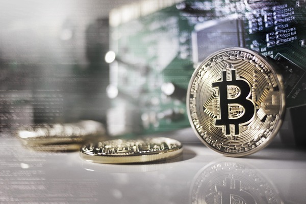 Bitcoin coins and wallet closeup